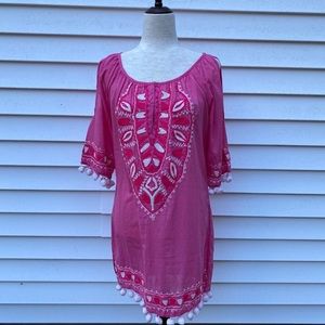TOP IT OFF NEW BARBIECORE TOP TUNIC COVER UP PINK WHITE POM POMS BOHO Size S NWT